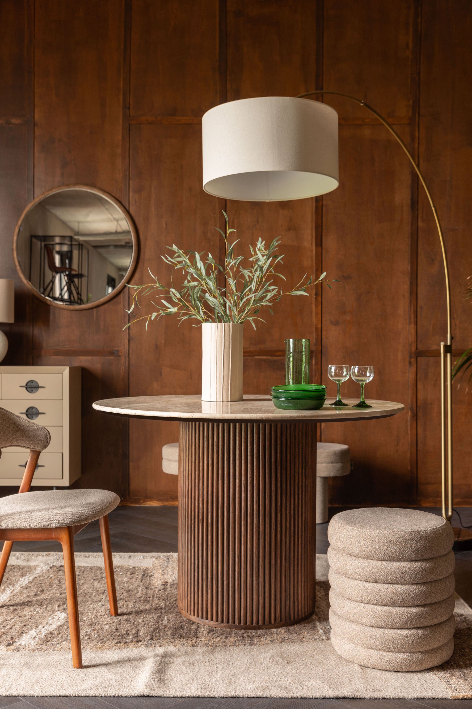 Dutchbone Arda Ribbed Brown Wood & Travertine Round Dining Table